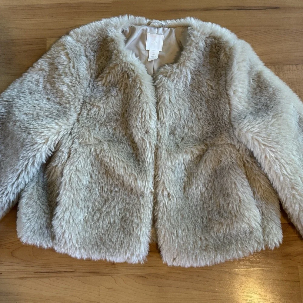 MOB WIFE Luxury Cream Faux Fur Cropped‎ Jacket Coat H&M Plush Shag Glam M